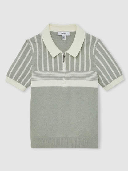 3-9 yrs Cotton Stripe Knit Half-Zip Polo Shirt in Sage Green/Off White Children & Baby | Reiss