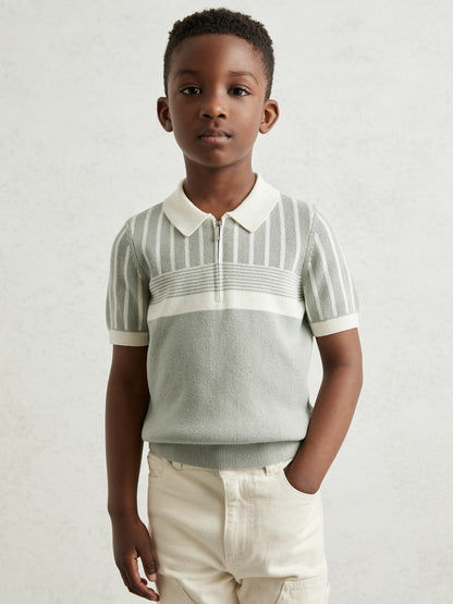 3-9 yrs Cotton Stripe Knit Half-Zip Polo Shirt in Sage Green/Off White Children & Baby | Reiss