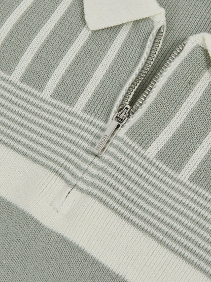 3-9 yrs Cotton Stripe Knit Half-Zip Polo Shirt in Sage Green/Off White Children & Baby | Reiss