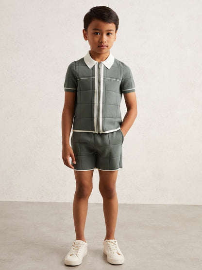 9-12 yrs Tipped Knit Stitch-Detail Shorts in Dark Sage Green Children & Baby | Reiss