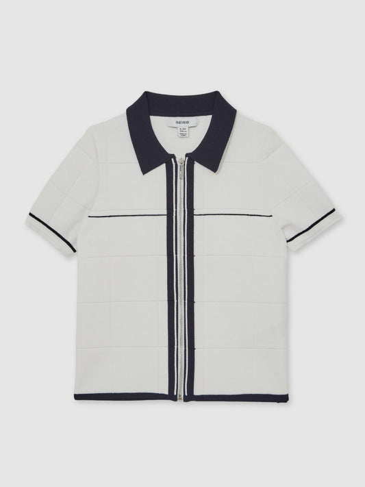 13-14 yrs Tipped Knit Zip-Through Shirt in White/Navy Children & Baby | Reiss
