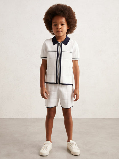 13-14 yrs Tipped Knit Zip-Through Shirt in White/Navy Children & Baby | Reiss