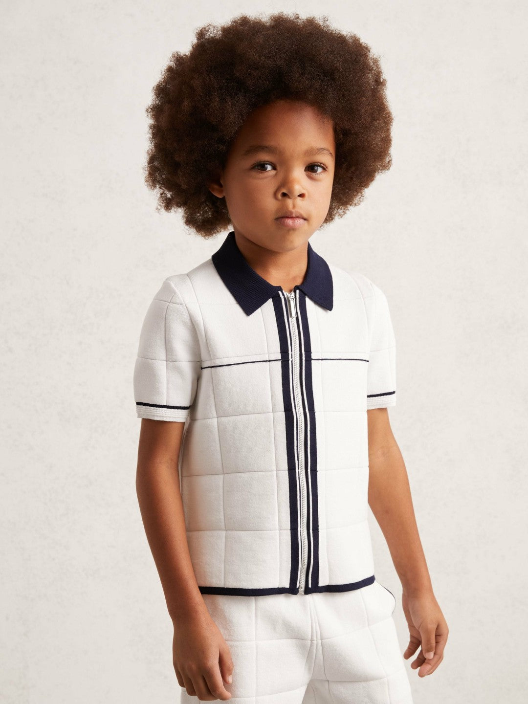 13-14 yrs Tipped Knit Zip-Through Shirt in White/Navy Children & Baby | Reiss