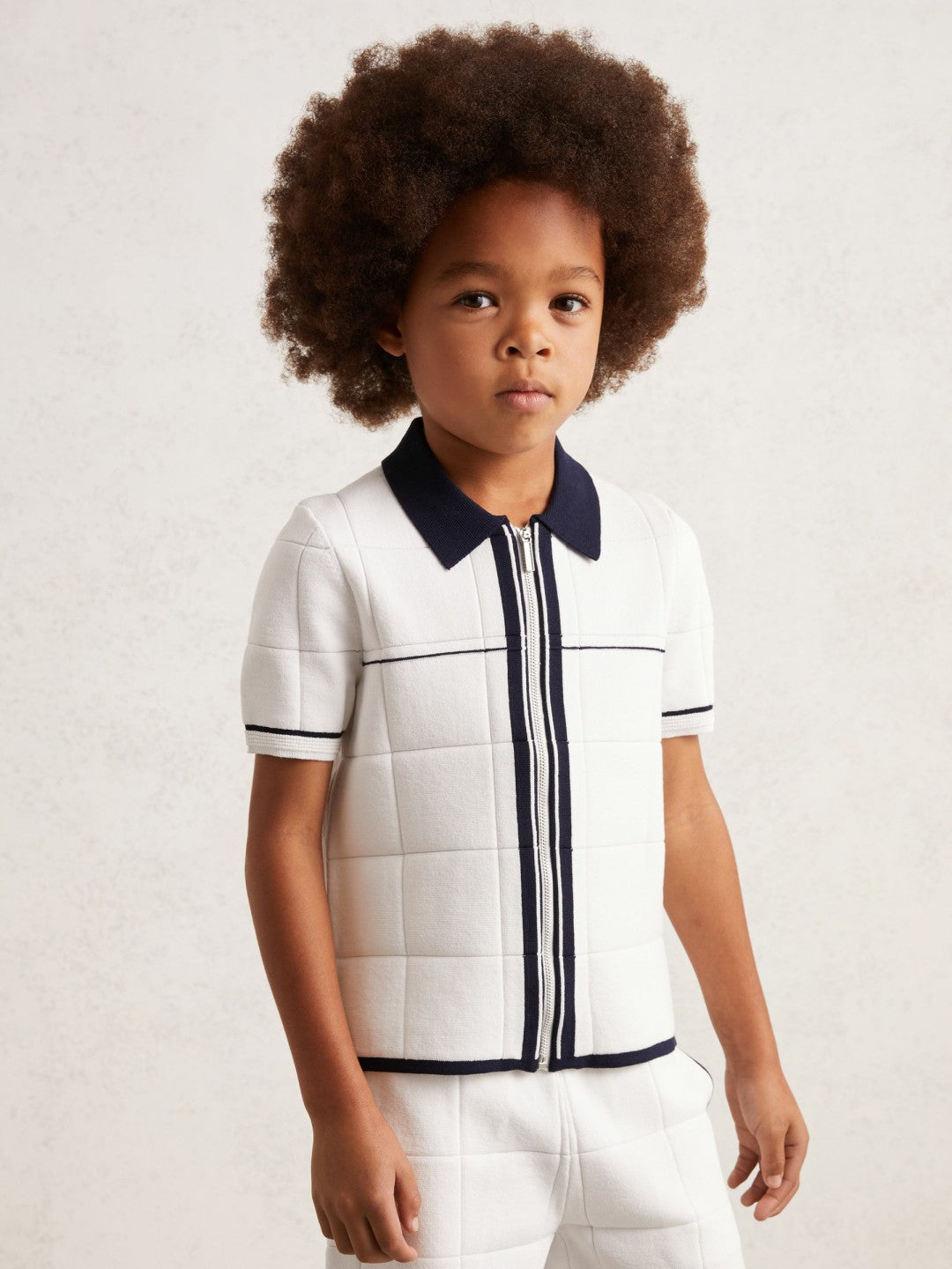 9-13 yrs Tipped Knit Zip-Through Shirt in White/Navy Children & Baby | Reiss
