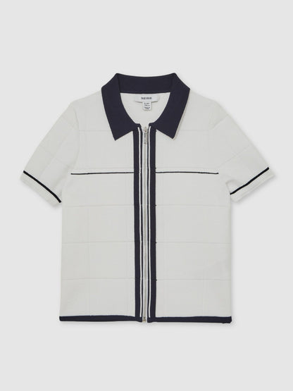 9-13 yrs Tipped Knit Zip-Through Shirt in White/Navy Children & Baby | Reiss