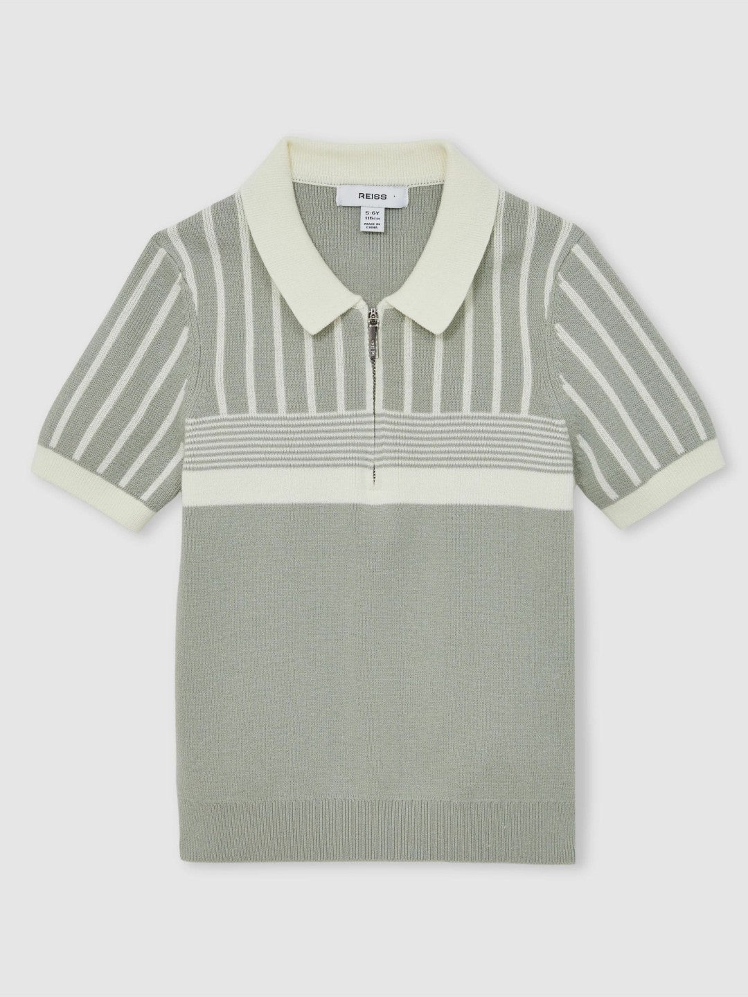 13-14 yrs Cotton Stripe Knit Half-Zip Polo Shirt in Sage Green/Off White Children & Baby | Reiss