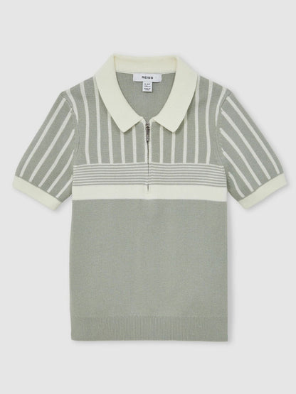 13-14 yrs Cotton Stripe Knit Half-Zip Polo Shirt in Sage Green/Off White Children & Baby | Reiss