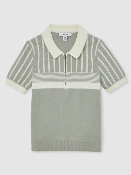 13-14 yrs Cotton Stripe Knit Half-Zip Polo Shirt in Sage Green/Off White Children & Baby | Reiss