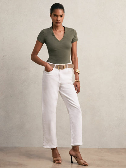 Stretch Cotton V-Neck T-Shirt in Khaki Green Women | Reiss