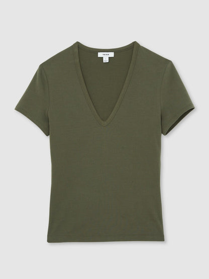 Stretch Cotton V-Neck T-Shirt in Khaki Green Women | Reiss