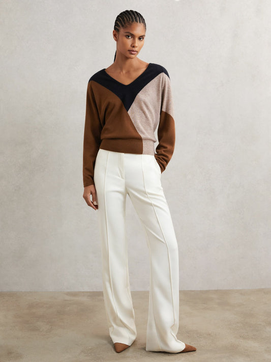 Wool-Blend Colourblock Knit Jumper with Cashmere in Toffee Brown/Navy/Neutral Women | Reiss
