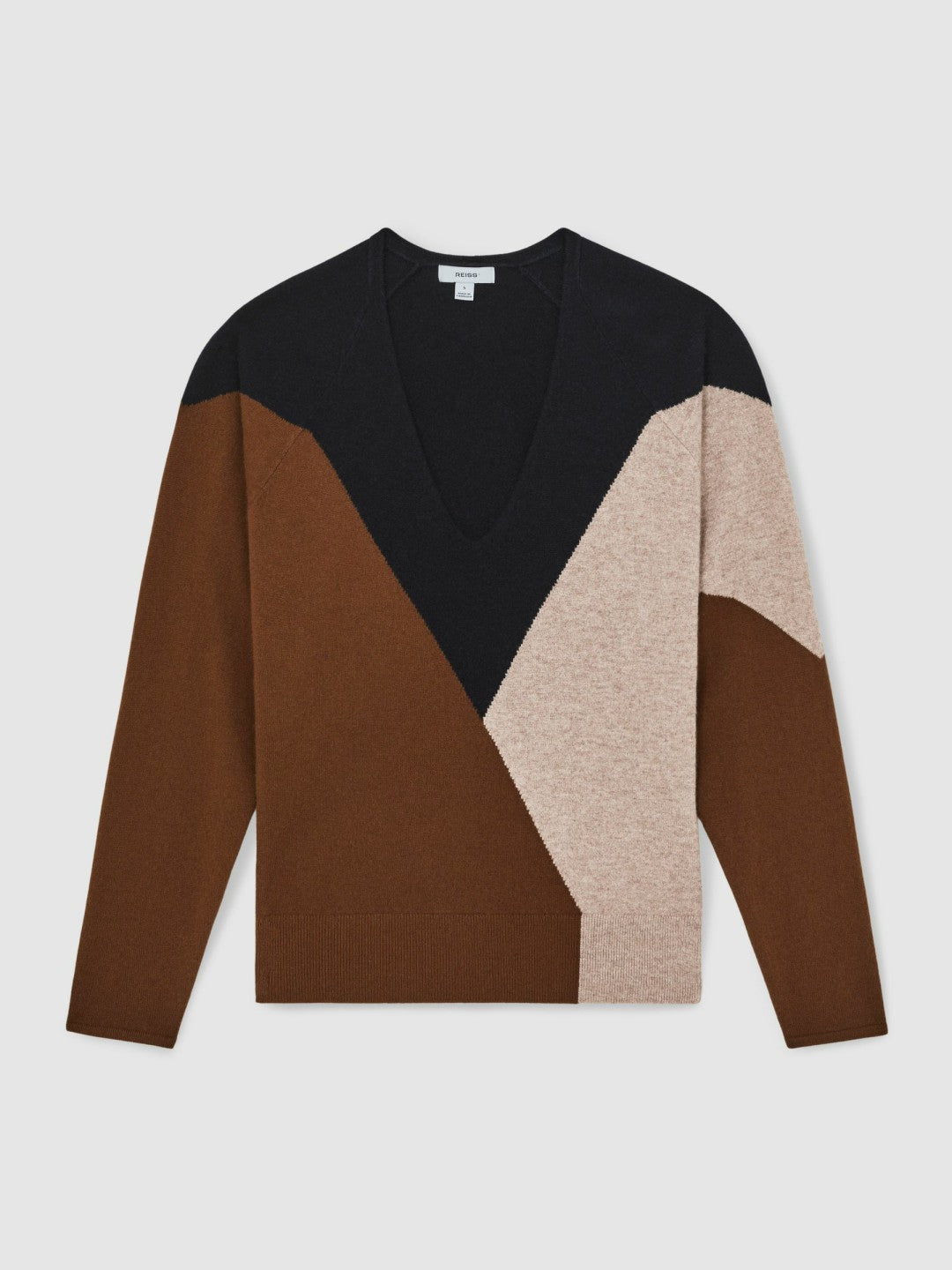 Wool-Blend Colourblock Knit Jumper with Cashmere in Toffee Brown/Navy/Neutral Women | Reiss