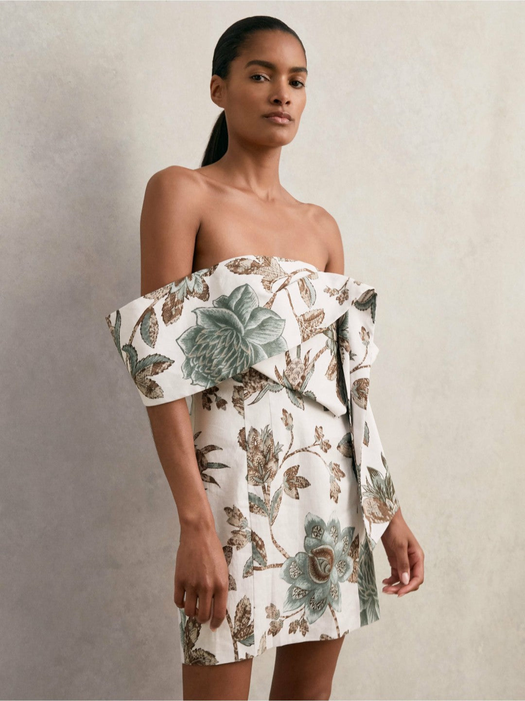 Sculpted Off-Shoulder Floral Mini Dress Linen-Cotton in Ivory Women | Reiss