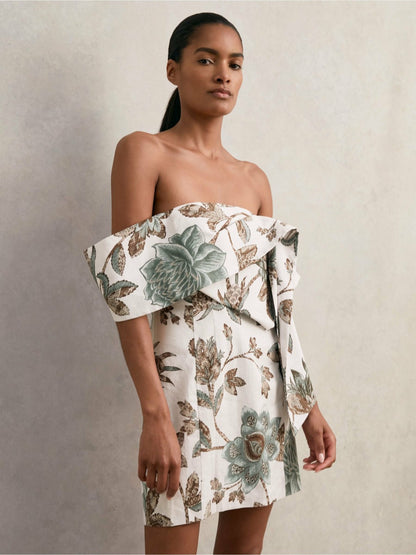 Sculpted Off-Shoulder Floral Mini Dress Linen-Cotton in Ivory Women | Reiss