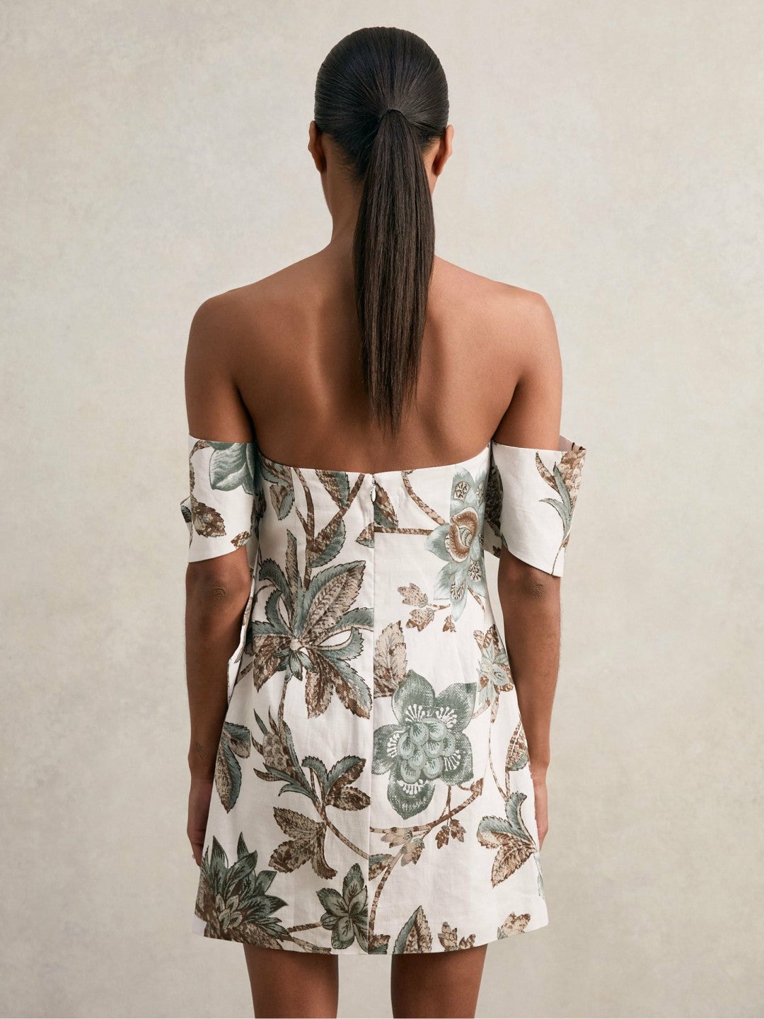 Sculpted Off-Shoulder Floral Mini Dress Linen-Cotton in Ivory Women | Reiss