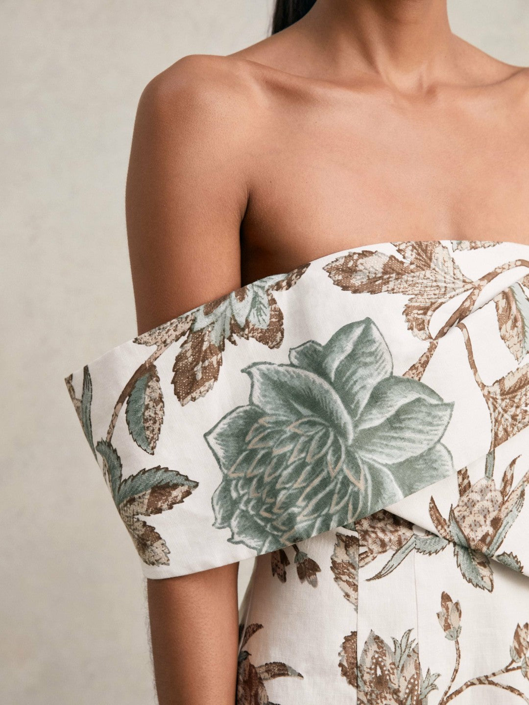 Sculpted Off-Shoulder Floral Mini Dress Linen-Cotton in Ivory Women | Reiss