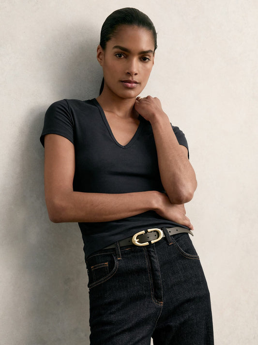 Stretch Cotton V-Neck T-Shirt in Navy Women | Reiss