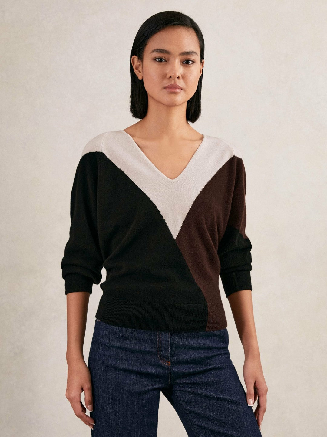 Wool-Blend Colourblock Knit Jumper with Cashmere in Black/Burgundy/Cream Women | Reiss