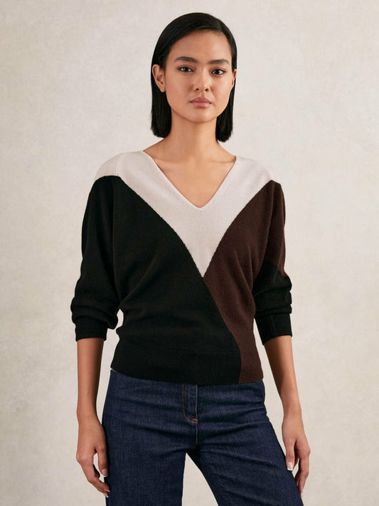 Wool-Blend Colourblock Knit Jumper with Cashmere in Black/Burgundy/Cream Women | Reiss