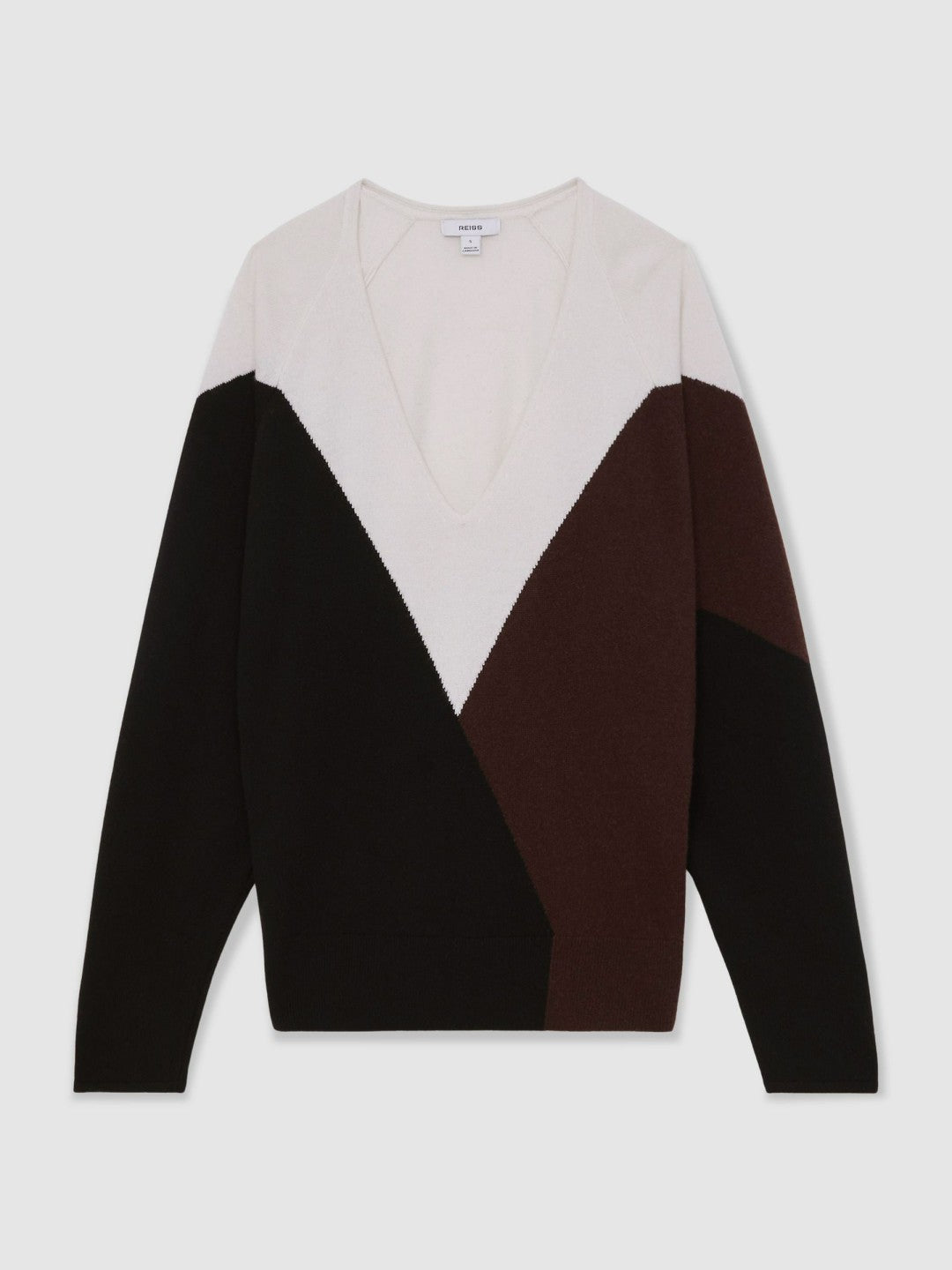 Wool-Blend Colourblock Knit Jumper with Cashmere in Black/Burgundy/Cream Women | Reiss