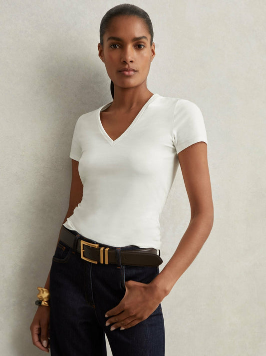 Stretch Cotton V-Neck T-Shirt in White Women | Reiss