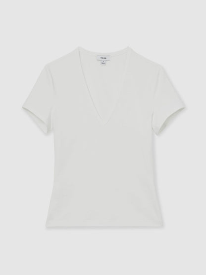 Stretch Cotton V-Neck T-Shirt in White Women | Reiss