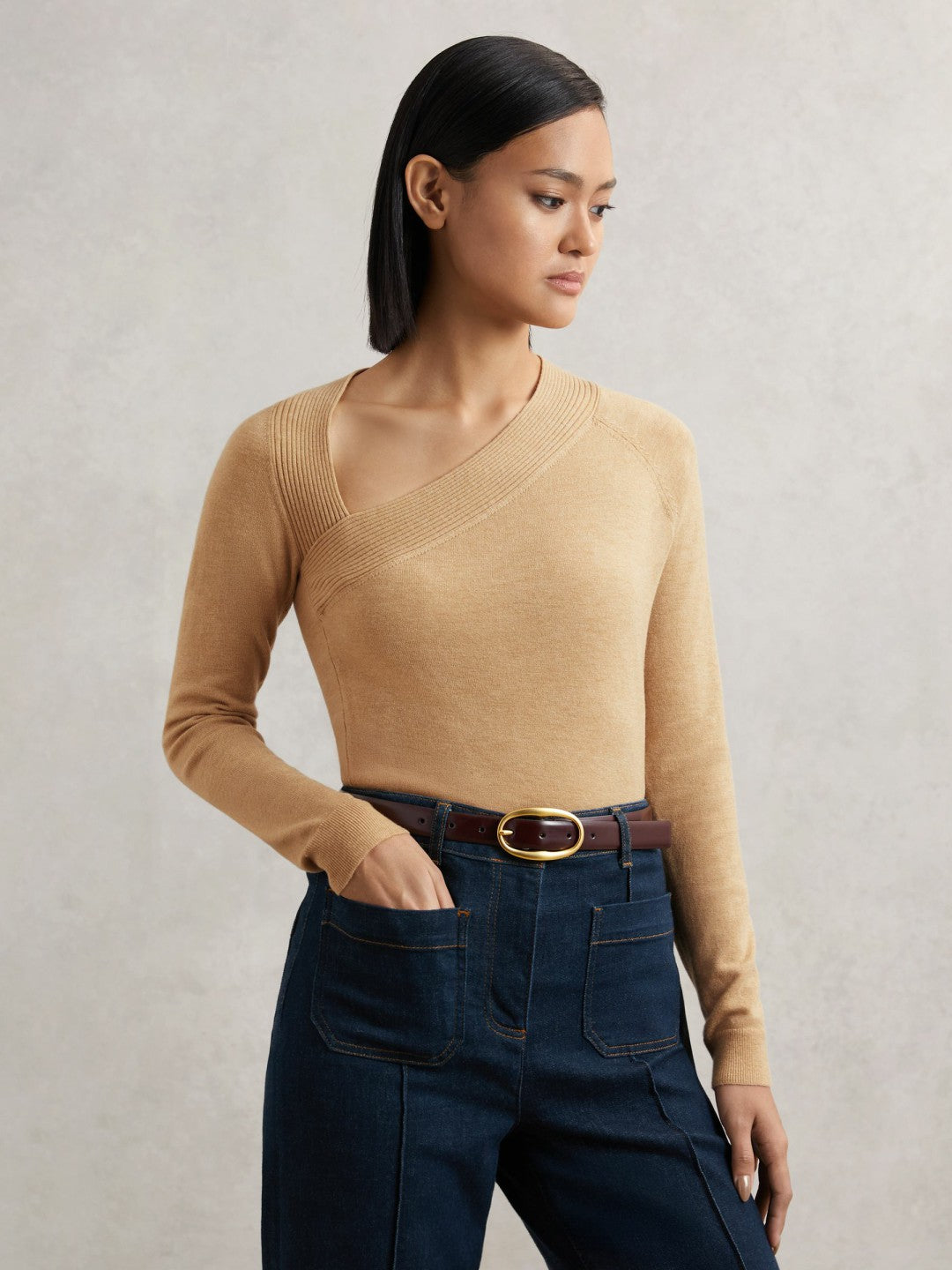 Wool-Blend Asymmetric Knit Top in Camel Women | Reiss