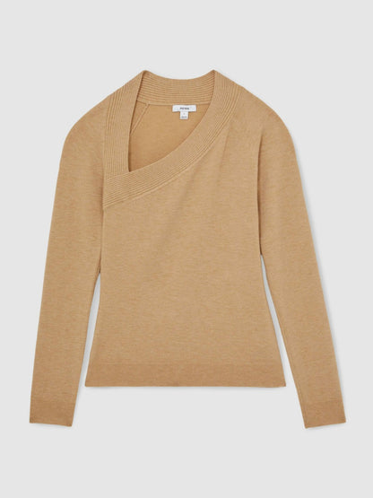 Wool-Blend Asymmetric Knit Top in Camel Women | Reiss