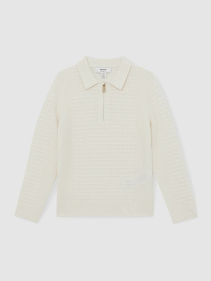 13-14 yrs Wool Waffle-Knit Half-Zip Polo Shirt in Off White Children & Baby | Reiss