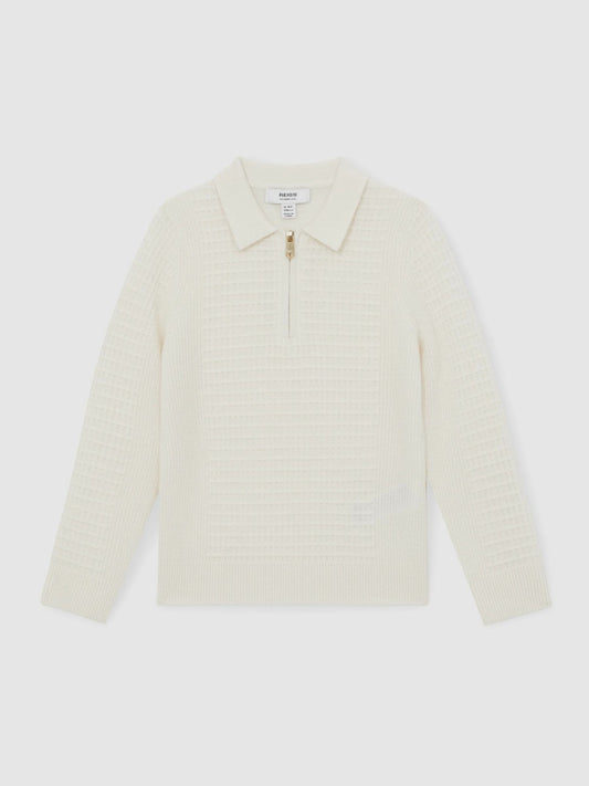 13-14 yrs Wool Waffle-Knit Half-Zip Polo Shirt in Off White Children & Baby | Reiss