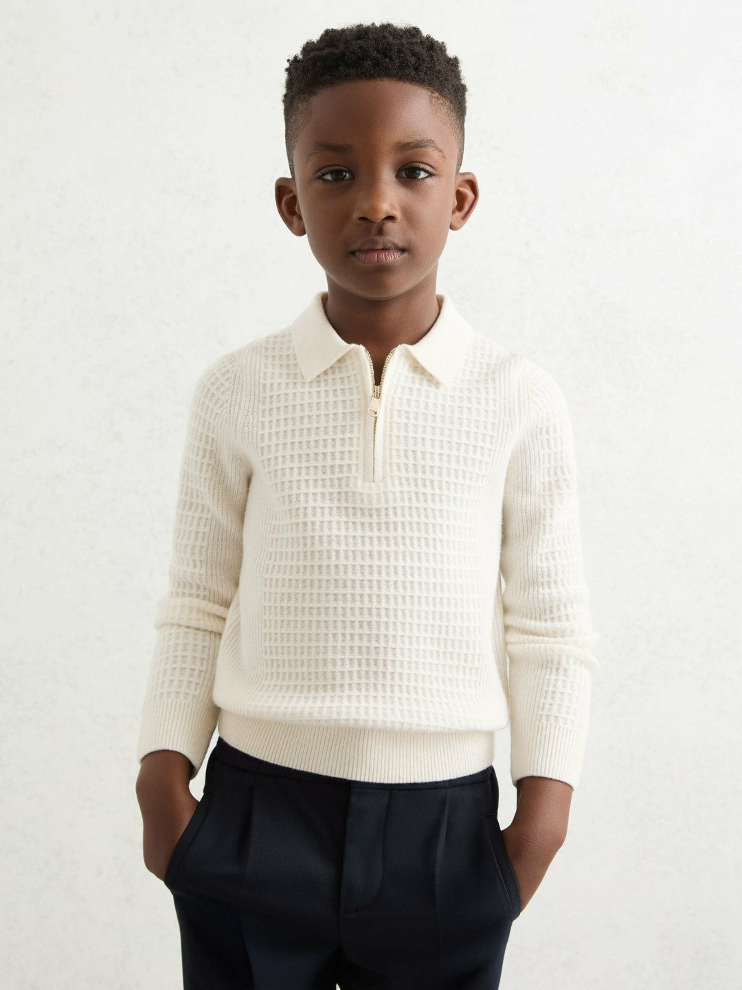 13-14 yrs Wool Waffle-Knit Half-Zip Polo Shirt in Off White Children & Baby | Reiss