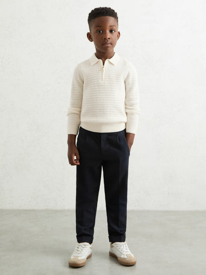 13-14 yrs Wool Waffle-Knit Half-Zip Polo Shirt in Off White Children & Baby | Reiss