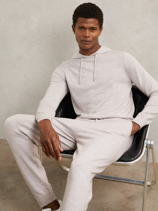 Merino Wool Drawstring Hoodie in Wicker Brown Melange Men | Reiss