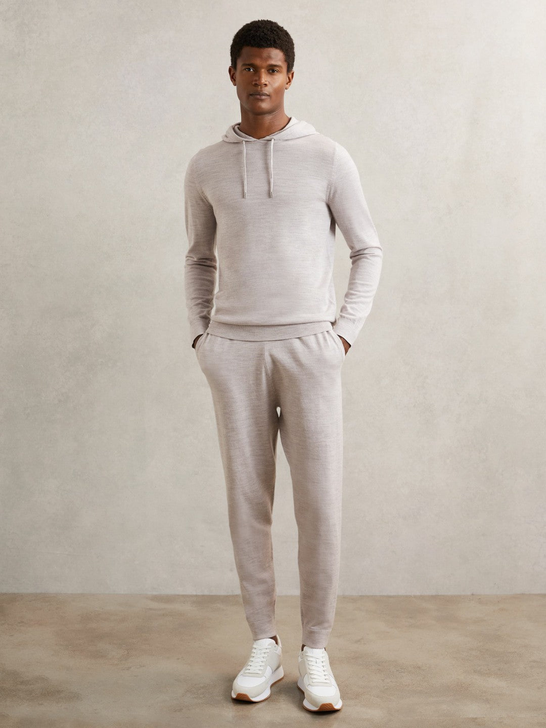 Merino Wool Drawstring Hoodie in Wicker Brown Melange Men | Reiss