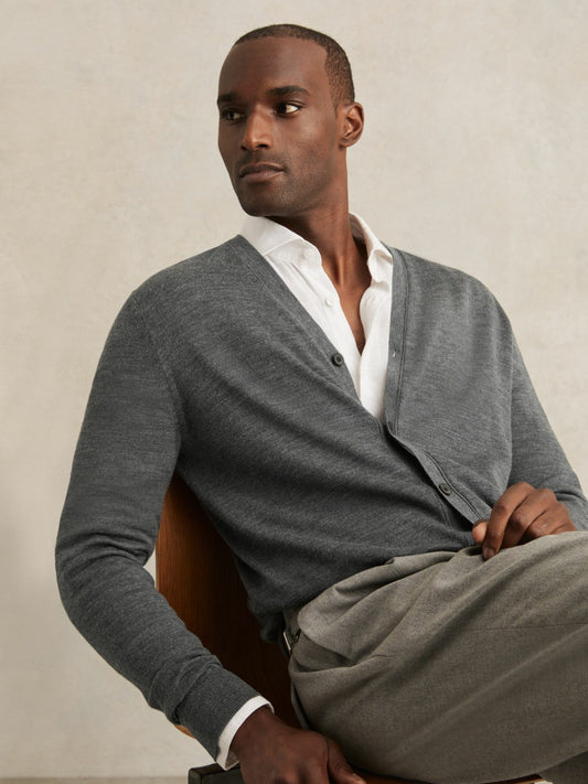 Merino Wool Button-Through Cardigan in Derby Grey Melange Men | Reiss