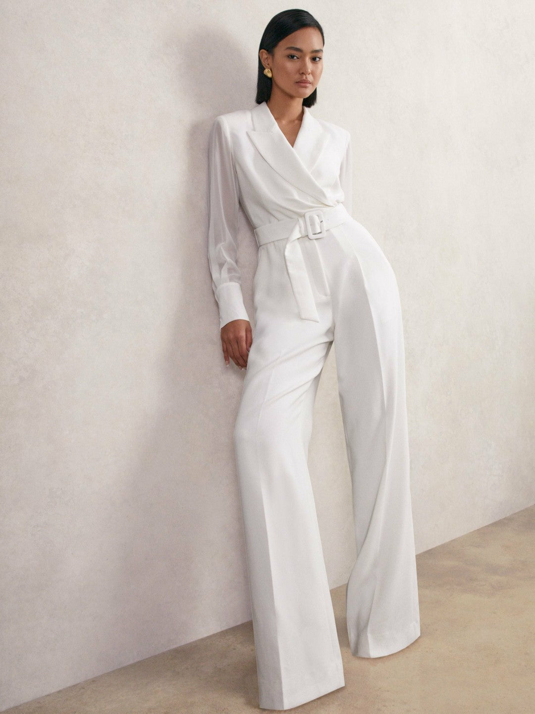 Sheer-Sleeve Wide-Leg Tuxedo Jumpsuit in Ivory Women | Reiss