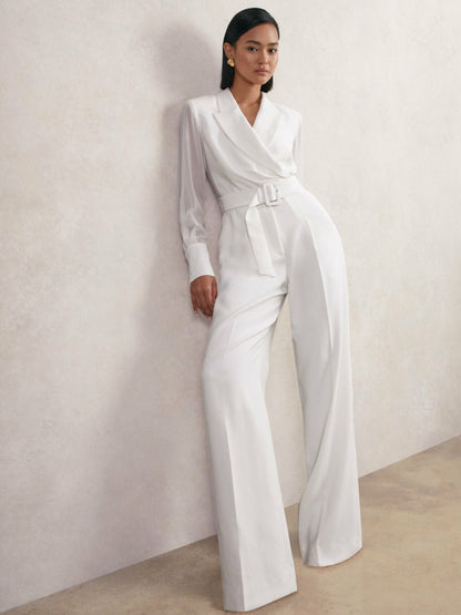 Sheer-Sleeve Wide-Leg Tuxedo Jumpsuit in Ivory Women | Reiss