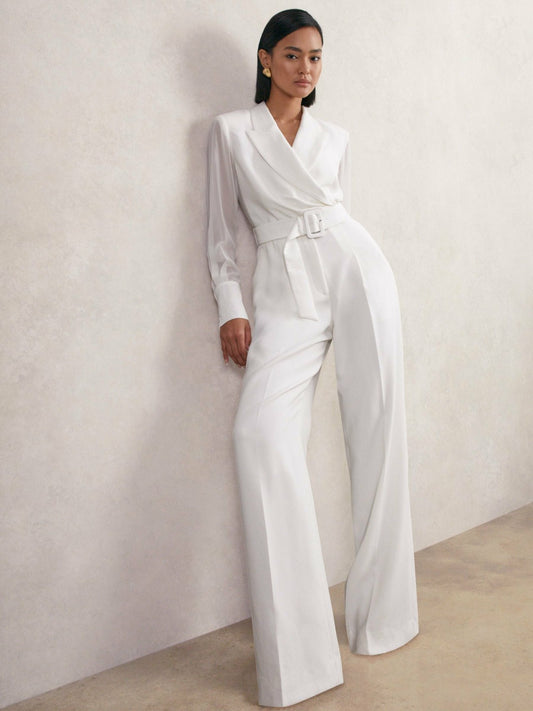 Sheer-Sleeve Wide-Leg Tuxedo Jumpsuit in Ivory Women | Reiss