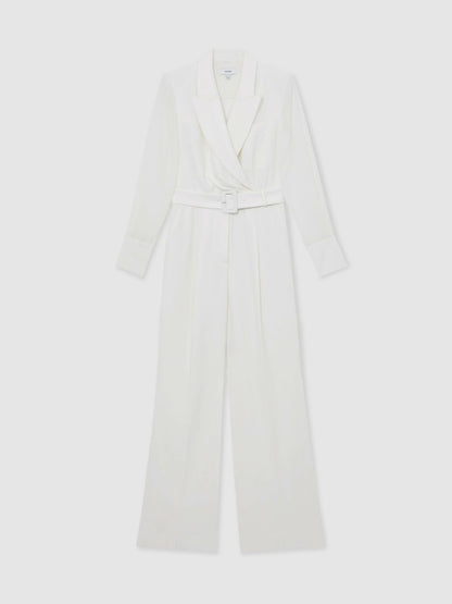 Sheer-Sleeve Wide-Leg Tuxedo Jumpsuit in Ivory Women | Reiss