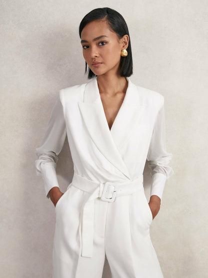 Sheer-Sleeve Wide-Leg Tuxedo Jumpsuit in Ivory Women | Reiss