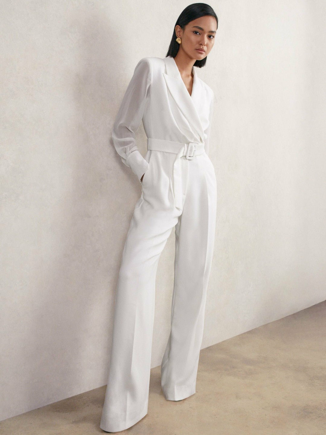 Sheer-Sleeve Wide-Leg Tuxedo Jumpsuit in Ivory Women | Reiss