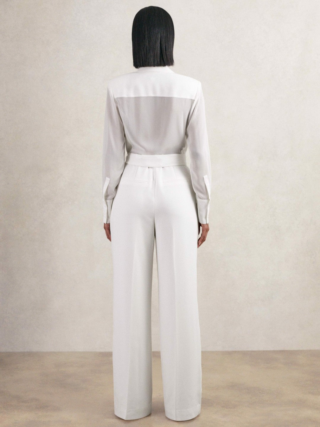 Sheer-Sleeve Wide-Leg Tuxedo Jumpsuit in Ivory Women | Reiss
