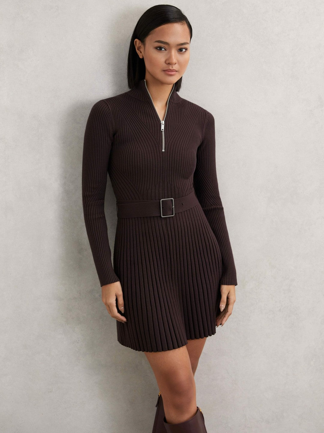 Rib-Knit Belted Half-Zip Flippy Dress in Plum Purple Women | Reiss