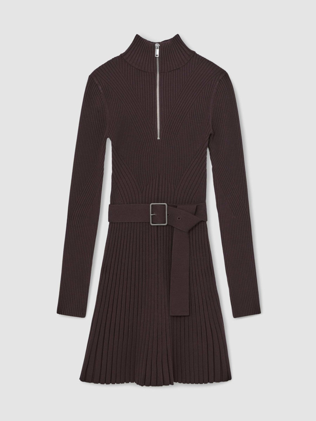 Rib-Knit Belted Half-Zip Flippy Dress in Plum Purple Women | Reiss