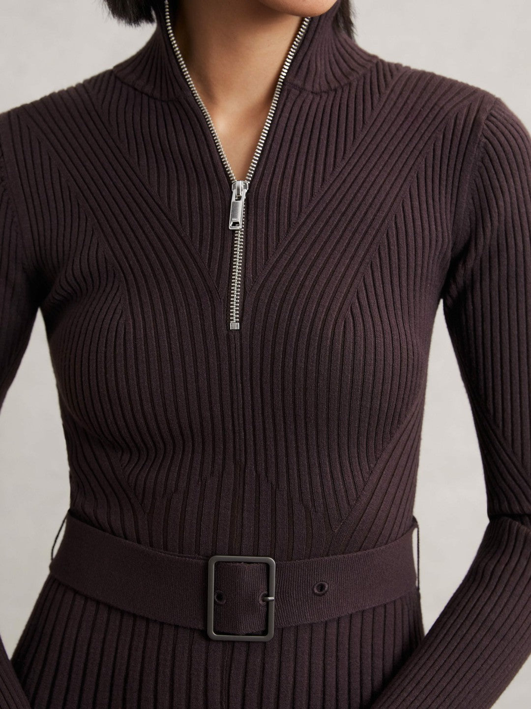 Rib-Knit Belted Half-Zip Flippy Dress in Plum Purple Women | Reiss