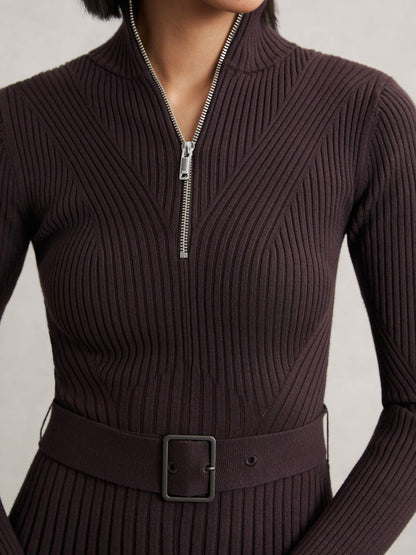 Rib-Knit Belted Half-Zip Flippy Dress in Plum Purple Women | Reiss