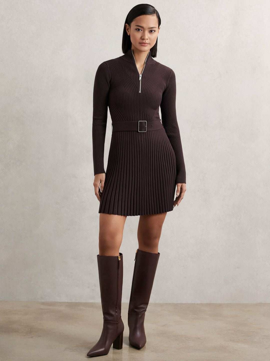 Rib-Knit Belted Half-Zip Flippy Dress in Plum Purple Women | Reiss
