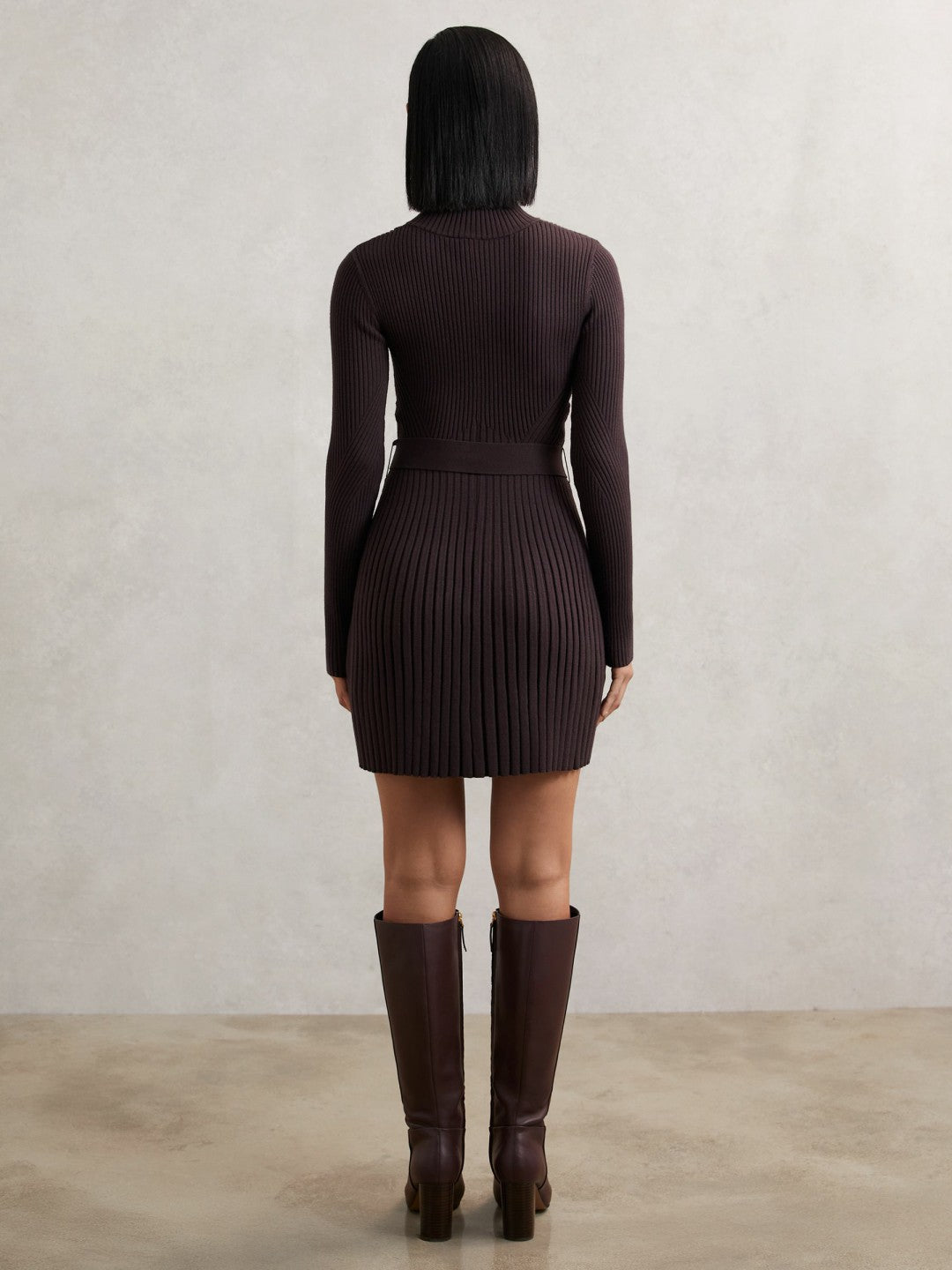 Rib-Knit Belted Half-Zip Flippy Dress in Plum Purple Women | Reiss