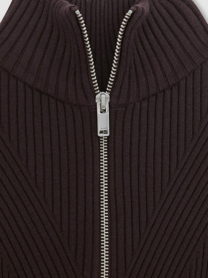 Rib-Knit Belted Half-Zip Flippy Dress in Plum Purple Women | Reiss