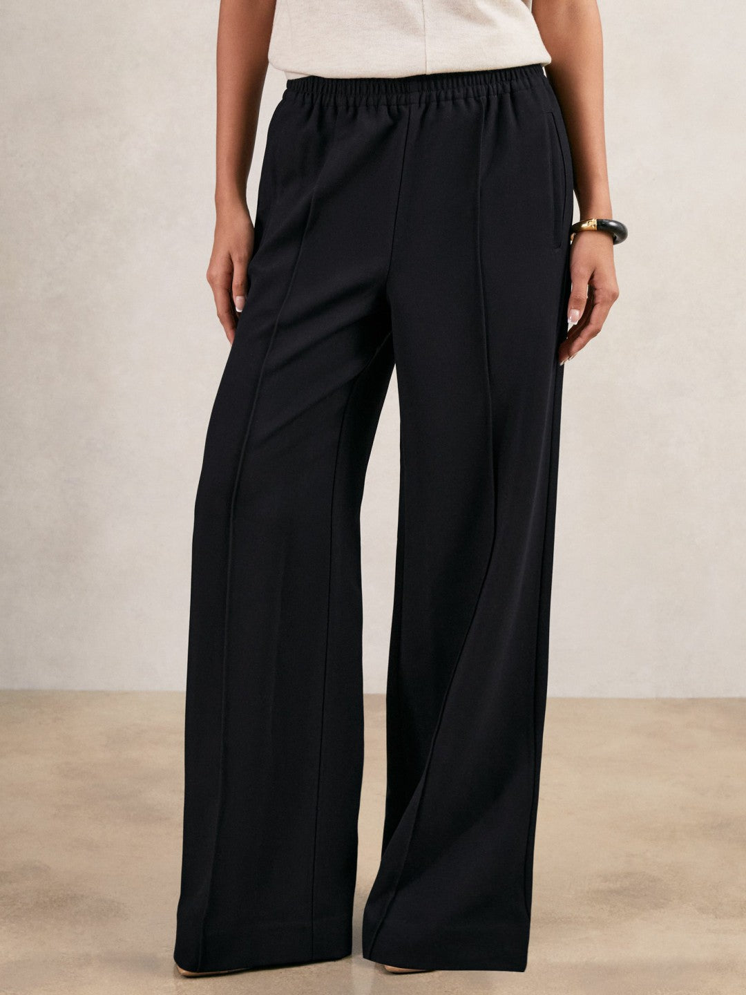 Wide Leg Elasticated Waist Trousers in Navy Women | Reiss
